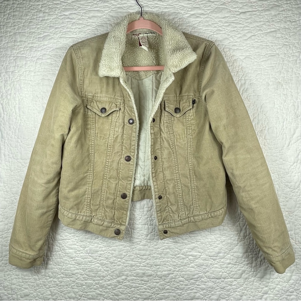 🔥Vintage Y2K Abercrombie & Fitch Corduroy Sherpa Lined Button Fly Tan Jacket